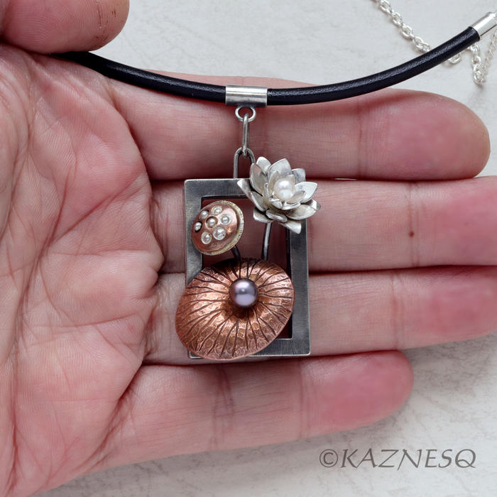 (C) KAZNESQ: Lotus motif silver and copper pendant necklace with pearls, flower,