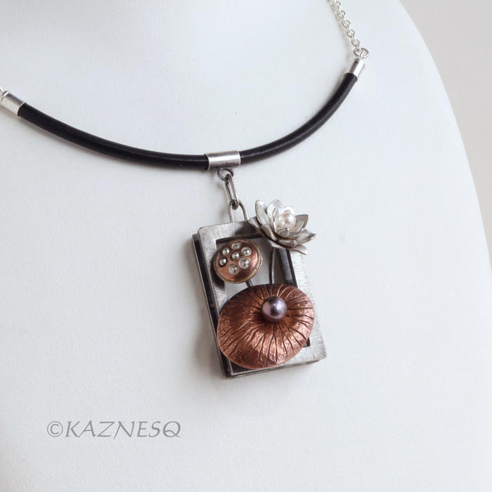 (C) KAZNESQ: Lotus motif silver and copper pendant necklace with pearls, flower,