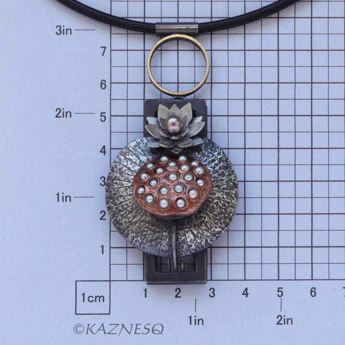 (C) KAZNESQ: Lotus Seedpod and Flower oxidized silver freshwater pearls pendant