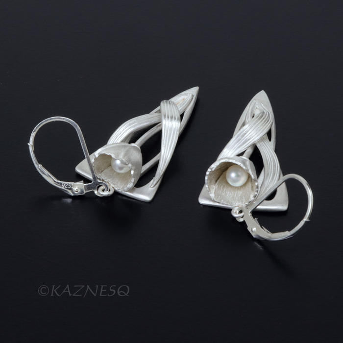 (C) KAZNESQ: Art Nouveau style Floral Silver earrings with hidden Akoya