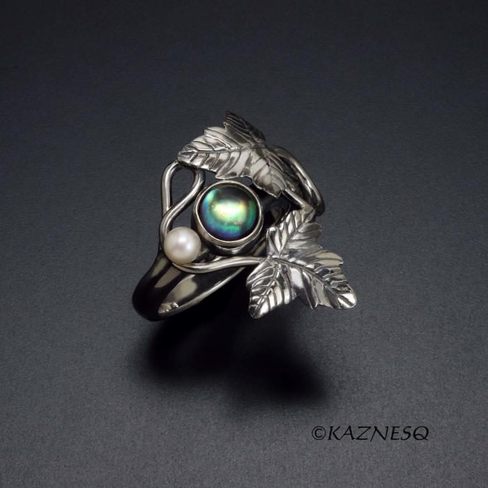 (C) KAZNESQ: Quartz lined with Paua shell Leaf motif Art Nouveau style silver ri