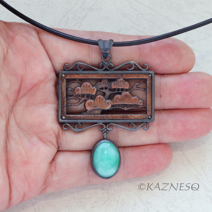 (C) KAZNESQ:Japanese Pine Tree pattern copper and oxidized silver pendant neckla