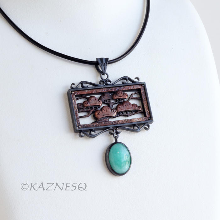 (C) KAZNESQ:Japanese Pine Tree pattern copper and oxidized silver pendant neckla