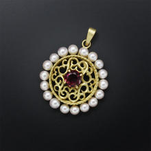 Art Nouveau style pendant, gold pendant, garnet and akoya round pendant