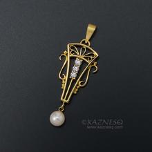 Art Deco style 18K gold, diamond, cultured pearl pendant head of arch motif