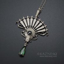 On Sale: Green tourmaline, hematite, fan motif silver pendant
