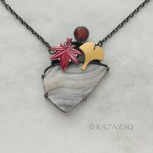 (C) KAZNESQ: Autumn red leaf and ginkgo necklace, desert druzy pendant