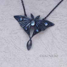 (C) KAZNESQ: Moon moth motif oxidized silver and Royal blue moonstone pendant