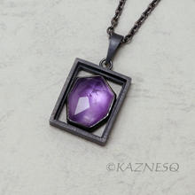 (C) KAZNESQ: Amethyst Mother of pearl oxidized silver rectangle pendant necklace