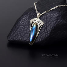 (C) KAZNESQ: Blue Marquise Labradorite Art Nouveau Openwork Silver Pendant Neckl