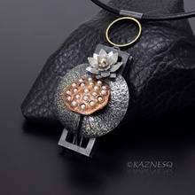 (C) KAZNESQ: Lotus Seedpod and Flower oxidized silver freshwater pearls pendant