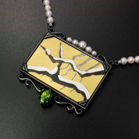 SALE: Gold Keum Boo snowed branches necklace featuring Akoya pearls and a green zircon.