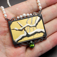 SALE: Gold Keum Boo snowed branches necklace featuring Akoya pearls and a green zircon.