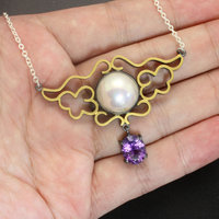 Sold: Cloud pattern mabe pearl and amethyst featured silver necklace with fine gold