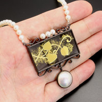 SALE: Pearl and silver pendant with Japanese patina and Keum Boo inspired with Japanese partition.