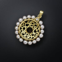 Art Nouveau style pendant, gold pendant, garnet and akoya round pendant