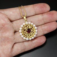 Art Nouveau style pendant, gold pendant, garnet and akoya round pendant