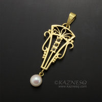 Art Deco style 18K gold, diamond, cultured pearl pendant head of arch motif