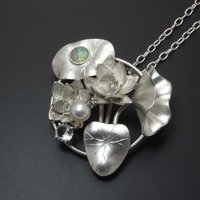 Lotus pendant, silver pendant with opal, quartz, and cultured pearl.