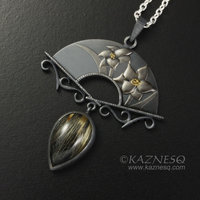 (C) KAZESQ: Spring flower Keum Boo silver necklacewith a rutilated quartz