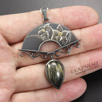 (C) KAZESQ: Spring flower Keum Boo silver necklacewith a rutilated quartz