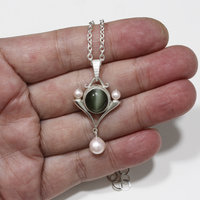 Catseye pendant necklace. silver pendant necklace, green actinolite and akoya pe