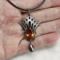 Art Nouveau citrine oxidized silver pendant necklace