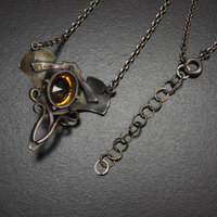 Two ginkgo leaf oxidized silver Art Nouveau necklace with a citrine