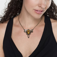 Two ginkgo leaf oxidized silver Art Nouveau necklace with a citrine
