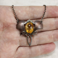 Two ginkgo leaf oxidized silver Art Nouveau necklace with a citrine