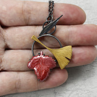 Ginkgo and red grape leaf oxidized silver pendant necklace