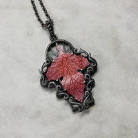 Red autumn leaf Goth taste oxidized silver pendant necklace.