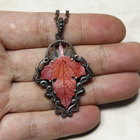 Red autumn leaf Goth taste oxidized silver pendant necklace.
