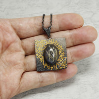 Oval rutilated quartz Keum Boo oxidized silver pendant necklace