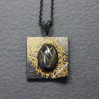Oval rutilated quartz Keum Boo oxidized silver pendant necklace