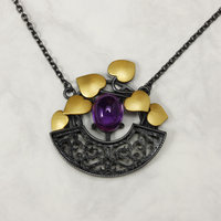 Keum Boo Gold leaves and amethyst cab necklace, arabesque openwork necklace