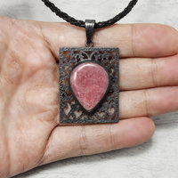 Rhodonite oxidized silver open work pendant necklace