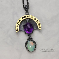 Openwork arch pendant, oxidized silver and gold leaf, amethyst and opal necklace