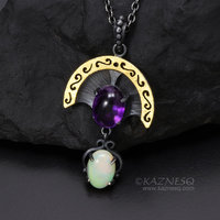 Openwork arch pendant, oxidized silver and gold leaf, amethyst and opal necklace