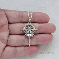 (C) KAZNESQ: Art Deco style Green Amethyst and white sapphire Arch shape Silver