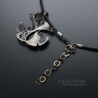 Oxidized silver ginkgo pendant necklace with Keum Boo, openwork, and a taste of