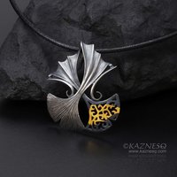 Oxidized silver ginkgo pendant necklace with Keum Boo, openwork, and a taste of
