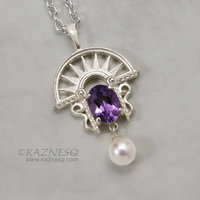 Art Deco style amethyst and akoya sterling silver pendant necklace