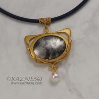 Art Nouveau Lotus Keum Boo and Akoya silver pendant necklace