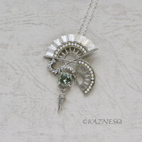 (C) KAZNESQ: Art Deco style Double Fan Green Amethyst Silver Pendant Necklace