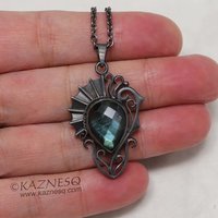 (C) KAZNESQ: Labradorite oxidized silver pendant necklace of Goth style