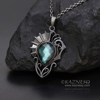 (C) KAZNESQ: Labradorite oxidized silver pendant necklace of Goth style