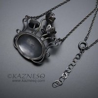 (C) KAZNESQ: Art Nouveau Lotus flowers oxidized silver pendant necklace