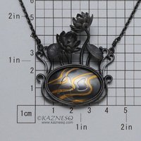 (C) KAZNESQ: Art Nouveau Lotus flowers oxidized silver pendant necklace