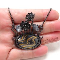 (C) KAZNESQ: Art Nouveau Lotus flowers oxidized silver pendant necklace